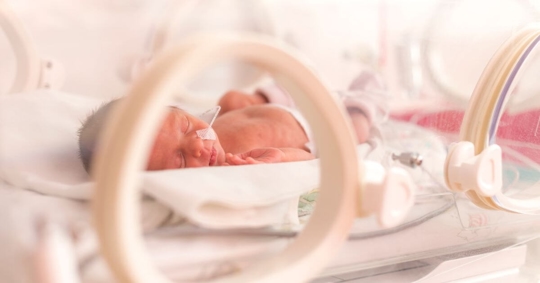 Newborn baby in an incubator.