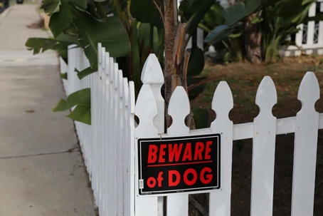 white picket fence with a beware of dog sign