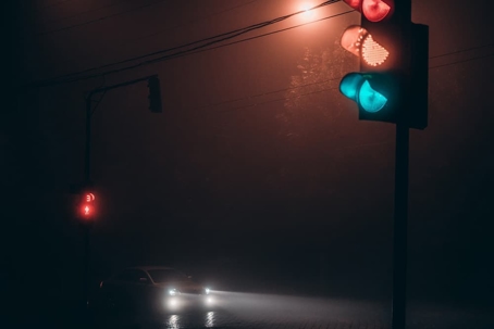 stop lights in a rainy night