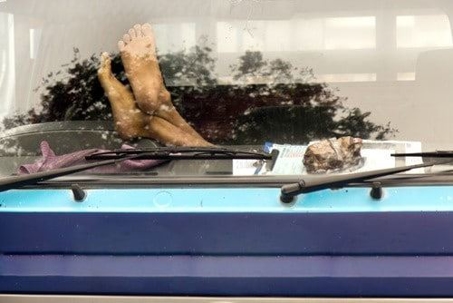 feet on the dashboard of a vehicle viewed through a window