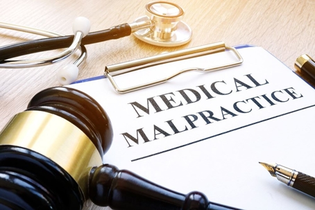 medical malpractice papers with a gavel
